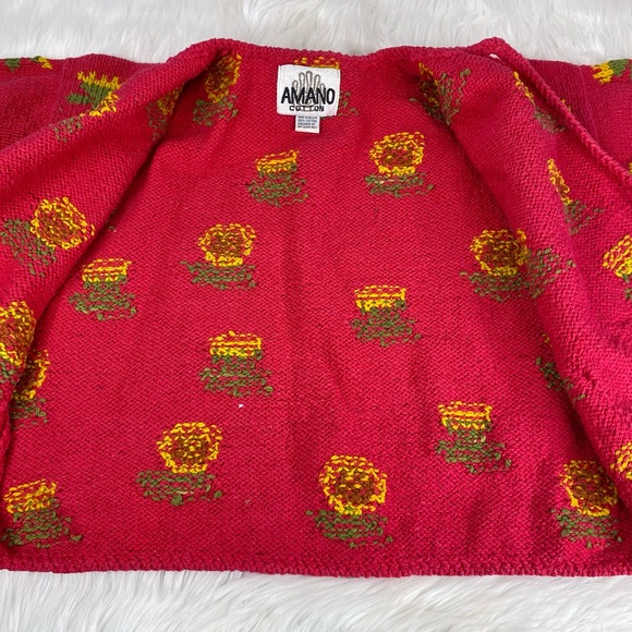 Vintage Amano Cotton Pink Sunflower Cardigan Hand Knit Sweater Women’s One Size - Picture 7 of 10